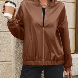StyleCast Brown Windcheater Stand Collar Bomber Jacket-13