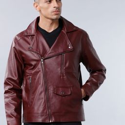 HIGHLANDER Men Burgundy Solid Biker Jacket-picture-31