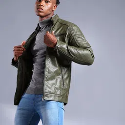 The Indian Garage Co Men Olive Green Solid Biker Jacket-52