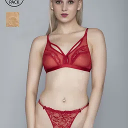 FIMS Women Pack Of 2 Red & Beige Self Design Cotton Lingerie Set-12