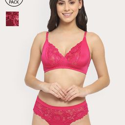 Friskers Women Pack Of 2 Pink & Wine-Maroon Lace Lingerie Set-image-36