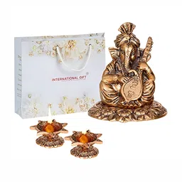 INTERNATIONAL GIFT Brown 3 Pieces Ganesh Statue With Diya Gift Set-image-67