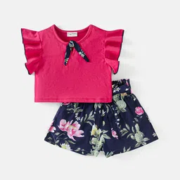 CrayonFlakes Girls Flutter Sleeves Top with Floral Shorts Clothing Set-image-70