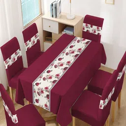 HOKIPO Maroon & White 7 Pieces Printed Chair Covers & Table Cloth Set-22