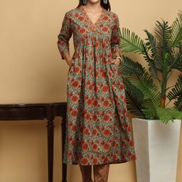 KALINI Floral Printed Empire Pure Cotton A-Line Kurta with Trousers-image-18