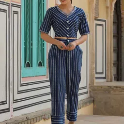 Juniper Blue Striped Pure Cotton Top With Trousers-image-13