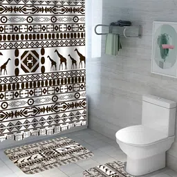 UMAI White & Brown 3 Pieces Printed Shower Curtain & Bathmats-15