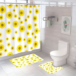 UMAI White & Yellow 3 Pieces Printed Shower Curtain & Bathmats-77