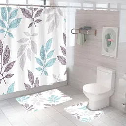 UMAI White & Blue 3 Pieces Printed Shower Curtain & Bathmats-14