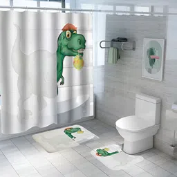 UMAI White & Green 3 Pieces Printed Shower Curtain & Bathmats-67