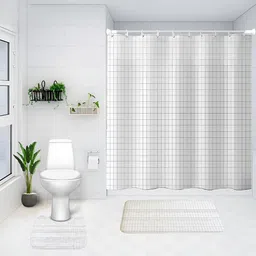 UMAI White & Black 3 Pieces Printed Shower Curtain & Bathmats-49