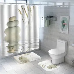 UMAI White & Grey 3 Pieces Printed Shower Curtain & Bathmats-4