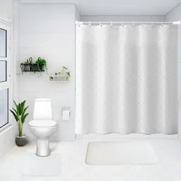 UMAI White & Grey 3Pcs Printed Shower Curtain & Bathmat Set-4