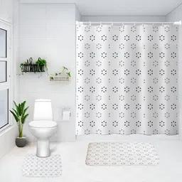 UMAI White & Blue 3 Pieces Printed Shower Curtain & Bathmats-16
