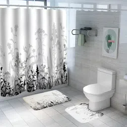 UMAI White & Black 3Pcs Printed Shower Curtain & Bathmat Set-44
