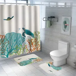 UMAI Off White & Green 3 Pieces Printed Shower Curtain & Bathmats-95