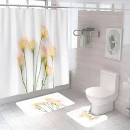 UMAI White & Yellow 3 Pieces Printed Shower Curtain & Bathmats-56