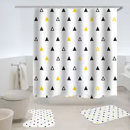 UMAI White & Blue 3 Pieces Printed Shower Curtain & Bathmats-64