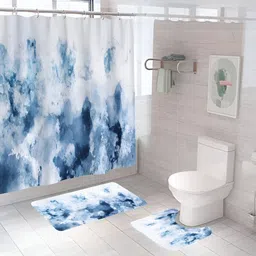UMAI Blue & White 3 Pieces Printed Shower Curtain & Bathmat Set-93