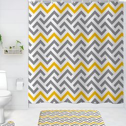 UMAI Grey & Yellow 3 Pieces Printed Shower Curtain & Bathmat Set-11