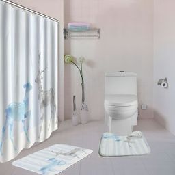 UMAI Blue & White 3Pcs Printed Shower Curtain & Bathmat-99