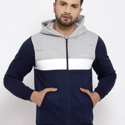 Kalt Men Navy Blue & Grey Colourblocked Hooded Fleece Sweatshirt-image-79