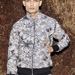 Dash and Dot Graphic Printed Stand Collar Long Sleeves  Zip Detail Cotton Bomber Jacket-43