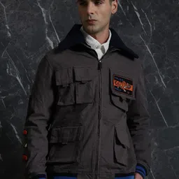 Breakbounce Men Grey Detachable Collar Bomber Jacket-29