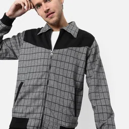 Campus Sutra Men Grey Checked Windcheater Outdoor Open Front Cotton Jacket-picture-9