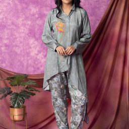 Kaftanize Embroidered Muslin High-Low Shirt With Trousers-image-73