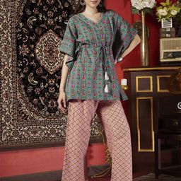 Sangria Printed Ethnic Pure Cotton Kaftan Top with Trousers-image-36