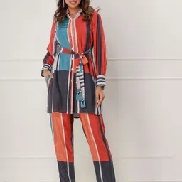 Kaftanize Striped Long Sleeves Gargi Muslin Shirt With Trousers-image-93