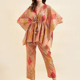 Sweet Dreams Peach-Coloured & Red Ethnic Motifs Printed Pure Cotton Night Suit-17
