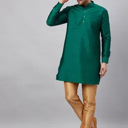 VASTRAMAY Mandarin Collar Curved Hem Straight Kurta with Trousers-image-98