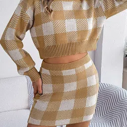 StyleCast Khaki Checked Woollen Top & Skirts Co-Ords-picture-4