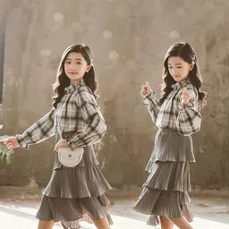 StyleCast Girls Grey Checked Top With Skirt-image-5