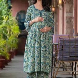 Aujjessa Floral Printed Empire Pure Cotton Kurta & Trousers-image-14