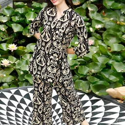 JISORA Black Ethnic Motifs Printed Pure Cotton Top & Pyjamas Night Suits-image-77