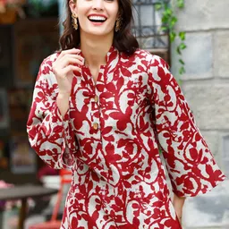 JISORA Maroon Abstract Printed Mandarin Collar Pure Cotton Top & Pyjama Night Suits-picture-15