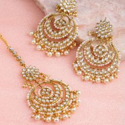 Zaveri Pearls Gold-Toned Kundan & Pearls Earring & Maangtikka Set-36