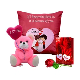 ME & YOU Red & Pink Printed Cushion With Teddy Rose & Card Home Gift Set-image-23