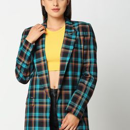 Remanika Women Blue Checked Cotton Open Front Jacket-10