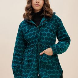 Antheaa Teal Geometric Printed Hooded Neck Corduroy Longline Tailored Jacket-4