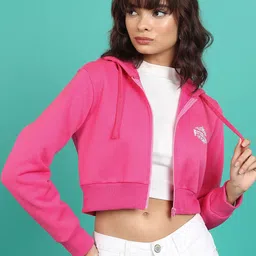 Tokyo Talkies Pink Printed Crop Hooded Sporty Jacket-image-70