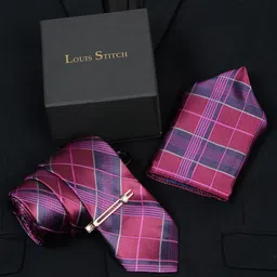 LOUIS STITCH Men Checked Silk Accessory Gift Set-image-40