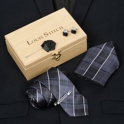 LOUIS STITCH Men Checked Silk Accessory Gift Set-image-90