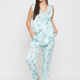 Clovia Blue Floral Printed Satin Night Suit-image-49