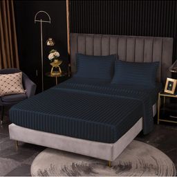 Bajo's Navy Blue Striped 220 TC Flat Cotton Queen Bedsheet with 2 Pillow Covers-image-10