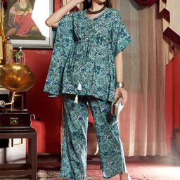 Sangria Printed Ethnic Pure Cotton Kaftan Top with Trousers-28