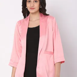Smarty Pants Women Pink Solid Silk Lapel Collar Lightweight Open Front Jacket-32